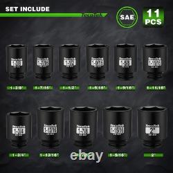 1/2 Drive Deep 6-Point Impact Socket Set, 11-Piece Standard SAE Spindle Axle