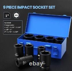 1 inch Drive Deep Impact Socket Set, 9 Piece Jumbo Impact Socket Set, 6 Points