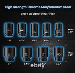 1 inch Drive Deep Impact Socket Set, 9 Piece Jumbo Impact Socket Set, 6 Points