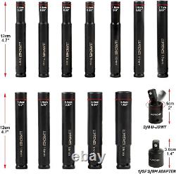 14 Piece 3/8 Drive 6 Point Deep Impact Socket Set, Including 12PCS Extra Long D