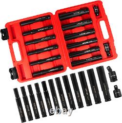 14 Piece 3/8 Drive 6 Point Deep Impact Socket Set, Including 12PCS Extra Long D