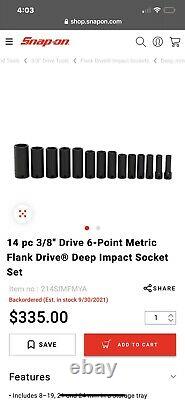 14 SNAP-ON 3/8 Drive 6-Point Metric Deep Impact Socket Set 8-19,21,24 mm SIMFM
