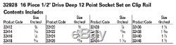 16-Piece 1/2 Drive Deep 12-Point Socket Set on Clip Rail, SAE, Williams 32928