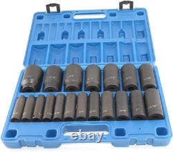 19pcs 1/2 Impact Socket Set, 6-Point Deep Socket, Cr-V Steel, 3/8 One Size