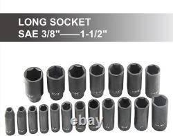 19pcs 1/2 Impact Socket Set, 6-Point Deep Socket, Cr-V Steel, 3/8 One Size