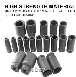 19pcs 1/2 Impact Socket Set, 6-Point Deep Socket, Cr-V Steel, 3/8 One Size