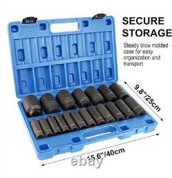 19pcs 1/2 Impact Socket Set, 6-Point Deep Socket, Cr-V Steel, 3/8 One Size