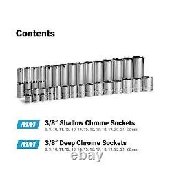 3/8 in. Drive Shallow and Deep Chrome Socket Set, 6-Point, 8 to 22 mm, 30-Piece