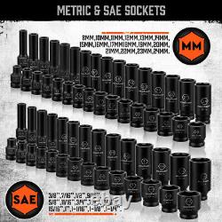 66PC Impact Socket Set 1/2in Drive 6 Point Shallow & Deep Socket Set SAE Metric