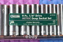 ALLEN 9 Pc 1/4'' Drive 6 Point Metric Deep Socket Set 19018 USA 6MM-14MM SEALED