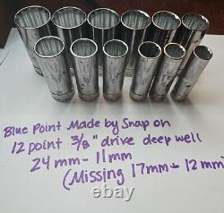 Blue Point/ Snap On 12 Piece 3/8 Drive 12pt Metric Deep Well Sockets 11-24mm