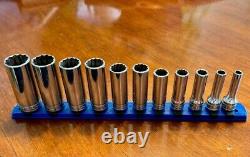 Like New! 211FSY Snap-On 3/8 Drive 12 Point SAE Deep Socket Set + Rail