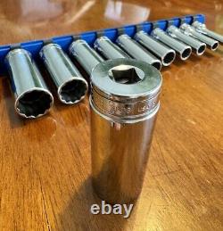 Like New! 211FSY Snap-On 3/8 Drive 12 Point SAE Deep Socket Set + Rail