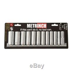 Metrinch Socket Deep Wall Set 3/8 Drive 12 Pc 6 Point Metric SAE Worn Nuts