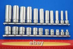 NEW Snap-on 22 Piece 3/8 Drive 6-Point SAE Shallow & Deep Socket Set on Rails