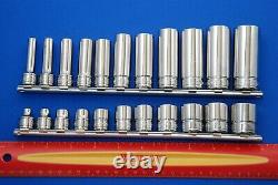 NEW Snap-on 22 Piece 3/8 Drive 6-Point SAE Shallow & Deep Socket Set on Rails