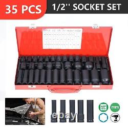 Nisorpa 35PCS 1/2 Drive Deep Impact Socket Set 6 Point Sockets Spindle Axle