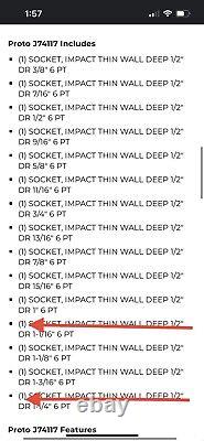 Proto J74117 1/2 Drive 13 Piece Deep Thin Wall Impact Socket Set 6 Point