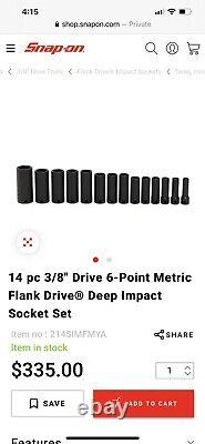 SNAP ON 14 pc 3/8 Flank Drive 6-Point Metric Deep Impact Socket Set 214SIMFMYA