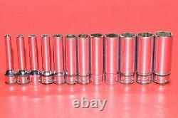 Snap-On 1/4 Drive 12 pc. Flank 6-POINT Metric 4mm 14mm Deep Well Socket Set