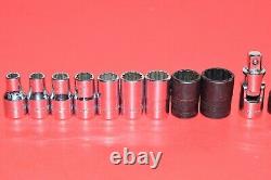 Snap-On 1/4 Drive 3/16 1/2 SAE Shallow Deep 12-POINT Flank Socket Set + U. J