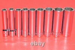 Snap-On 1/4 Drive 9 pc. Flank 6-POINT SAE 7/32 9/16 Deep Well Socket Set