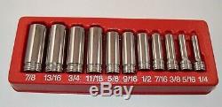 Snap-On 11 pc 3/8 Drive 6 Point SAE Deep Flank Drive Socket Set No Owner Marks