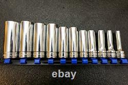 Snap On 11pc 3/8 dr 6-Point SAE Flank Drive Deep Socket Set 211SFSY Excellent