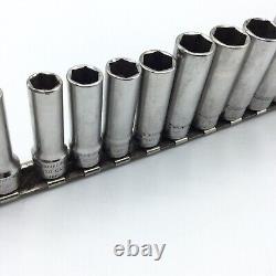 Snap On 12 Pc 3/8 Drive 6 Point Metric Deep Socket Set SFSM 8MM-19MM with Stand