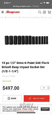 Snap On 13 pc 1/2 Drive 6-Point Deep Impact Socket Set (1/2-1-1/4) Clean