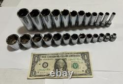 Snap On 3/8 Drive SAE Deep & Shallow 6 Point Chrome Socket Set 25 pc 1/4 1