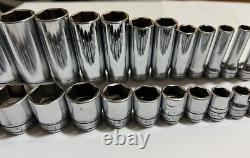 Snap On 3/8 Drive SAE Deep & Shallow 6 Point Chrome Socket Set 25 pc 1/4 1