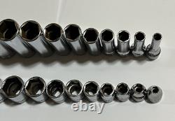 Snap On 3/8 Drive SAE Deep & Shallow 6 Point Chrome Socket Set 25 pc 1/4 1
