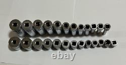 Snap On 3/8 Drive SAE Deep & Shallow 6 Point Chrome Socket Set 25 pc 1/4 1