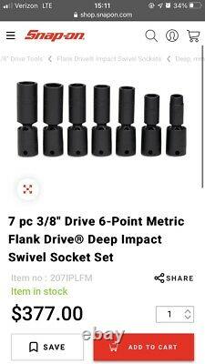 Snap On 7 pc 3/8 Drive 6-Point Metric Flank Drive Deep Impact Swivel Socket Set