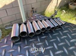 Snap-On SF-231,10 pc 1/2 Drive 1-Point SAE Deep Socket Set 3/8- 7/8 With Rail