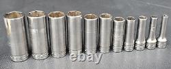 Snap On Tools 11 pc 3/8 Drive SAE 6 Point Deep Chrome Socket Set 1/4 7/8