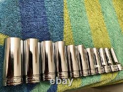 Snap-On Tools 11pc SAE 3/8DR Deep 12PT Flank Drive Socket Set 1/4-7/8 NICE