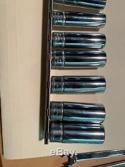 Snap on 1/4 drive deep metric 6 Point socket set 13 Pieces Plus Rail Excellent