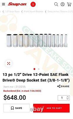 Snap-on 13 pc 1/2 Drive 12-Point SAE Flank Drive Deep Socket Set (3/8-1-1/8)