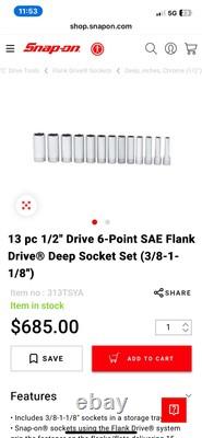 Snap on 13 pc 1/2 Drive 6-Point SAE Flank Drive Deep Socket Set (3/8-1-1/8)