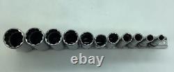 Snap-on 211SFY 11pc 3/8 Drive 12 Point SAE Deep Socket Set Pre-owned with Rail