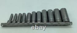 Snap-on 211SFY 11pc 3/8 Drive 12 Point SAE Deep Socket Set Pre-owned with Rail