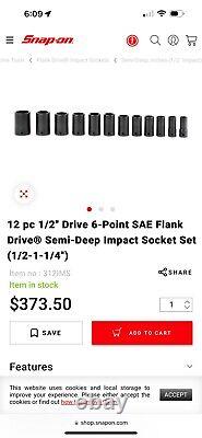 Snap-on Tools NEW 312IMS 12pc 1/2 Drive SAE 6-point Semi-Deep Impact Socket Set
