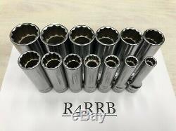 Snap-on Tools USA NEW 13pc 1/2 Drive SAE Deep 12 POINT Chrome Socket Set 313SYA