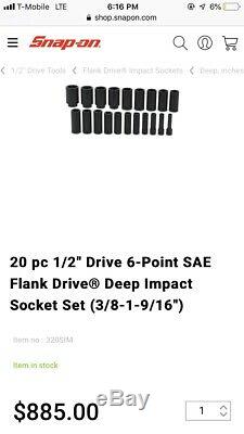 Snapon 20pc 1/2 Drive 6-point SAE Flank Drive Deep Impact Socket Set 320SIM