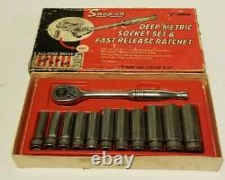 VINTAGE SNAP-ON 3/8 DRIVE DEEP 12 POINT SOCKET SET 9-19MM With RATCHET AND BOX
