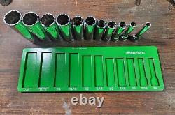 Vintage Snap-on 12 Point 3/8 Drive Deep Socket Set 11 Piece Green Magnetic Tray