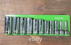 Vintage Snap-on 12 Point 3/8 Drive Deep Socket Set 11 Piece Green Magnetic Tray