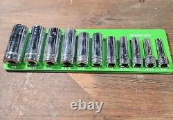 Vintage Snap-on 12 Point 3/8 Drive Deep Socket Set 11 Piece Green Magnetic Tray